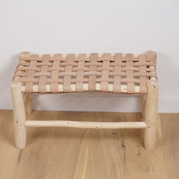 Petit banc marocain en bois et cuir