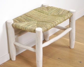 Banc marocain en bois et tressage naturel 60cm - Blanc