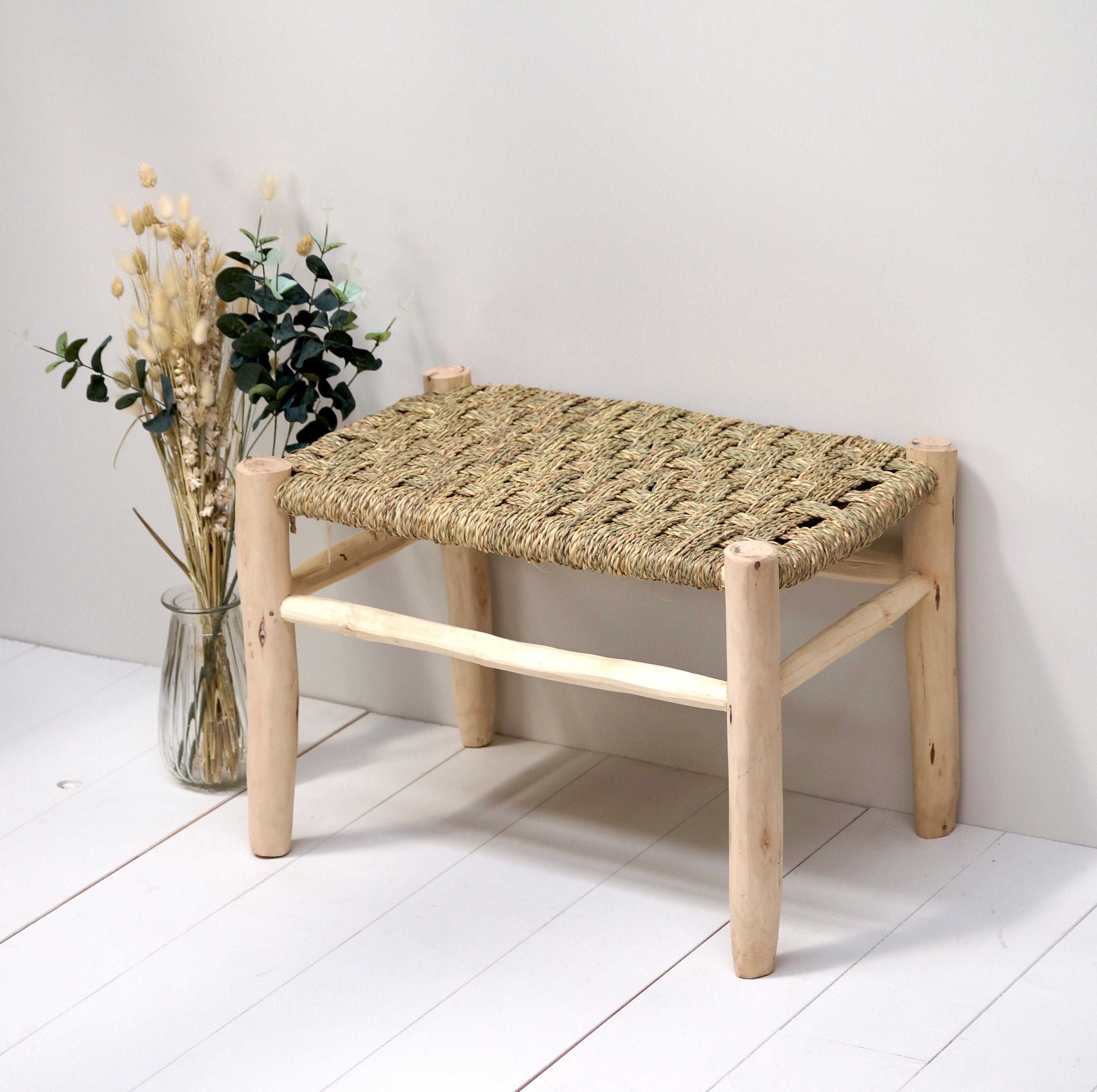 Banc Marocain en Bois Massif et Tressage Naturel 60cm
