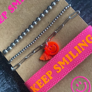 Armbandset n. Wahl Neon Kugelarmband Paperclip Boho Armband auf Karte Smiling Acryl Freundschaftsarmband Silber BFF Freundin JGA Ibiza Boho