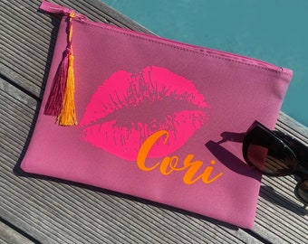 Pouch / Neon / Personalisiert / Beach Bag / Canvas / Quaste / Palme / Mom / Muttertag