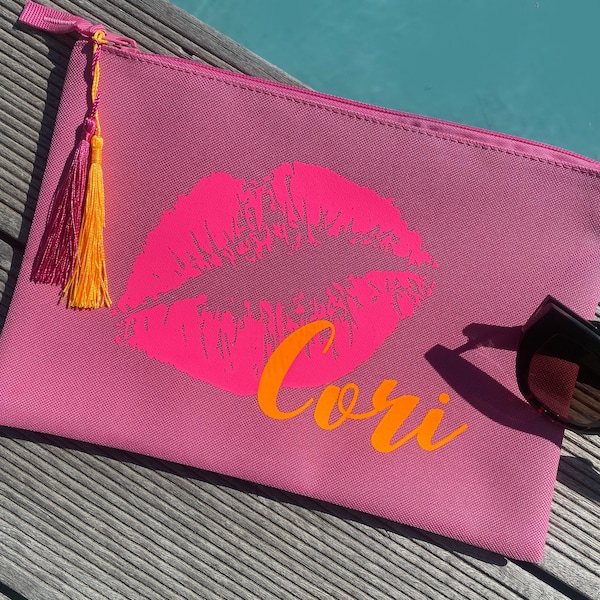 Pouch / Neon / Personalisiert / Beach Bag / Canvas / Quaste / Palme / Mom / Muttertag