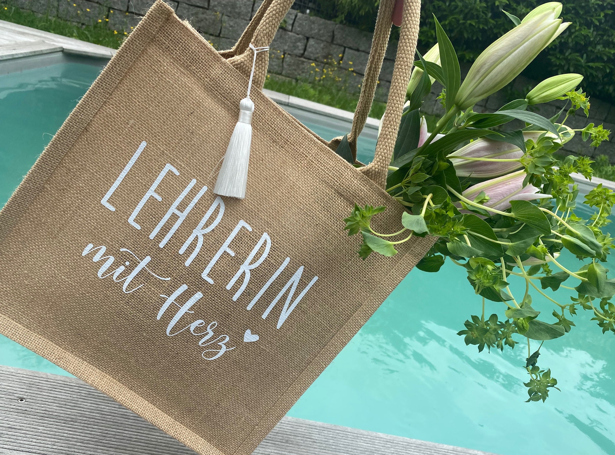 Farewell gift / jute bag with tassel / teacher with heart / educator / midwife / childminder / kindergarten / school / bag / tassel