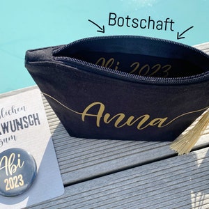 Geschenkset: ABI 2025 Personalisierte Tasche + Botschaft + Quaste + Spiegel Magnet Öffner Button + Karte Geldgeschenk Abitur Matura Bachelor