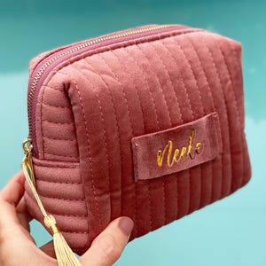 personalisierte Kosmetiktasche mit Quaste aus Samt / Kulturbeutel 2 Größen / 3 Farben Velvet / Weihnachten / Oma & Opa / Geschenk JGA  Braut