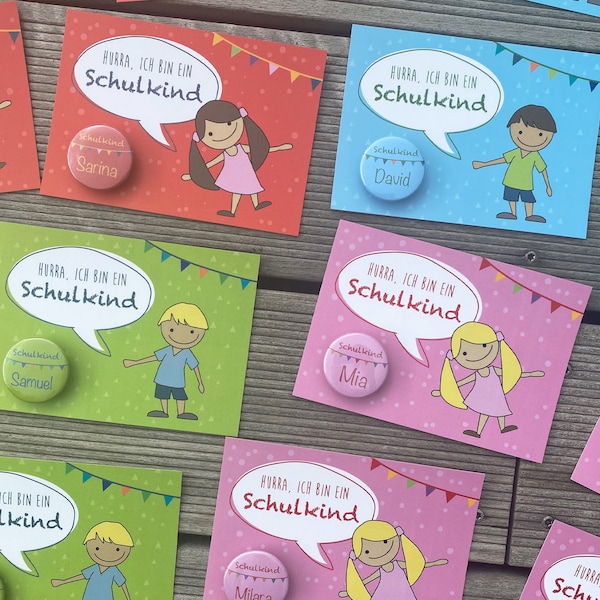 Karte zur Einschulung mit personalisiertem Button / Schulkind / für die Schultüte