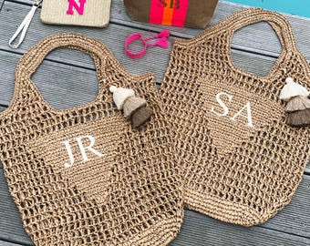 Personalized bag raffia with tassel Boho Beachbag Bride  Honeymoon Beach Secret Santa Honeymoon JGA Neon