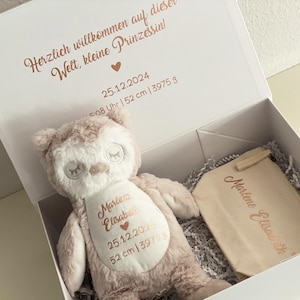 Geboortecadeau/herinneringsbox met inhoud: knuffel gebruiksvoorwerpzakje geheugenboekje organizer voor vaccinatiebewijs U-boekje reisdocumenten
