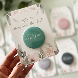 Marque-place avec cadeau / Eucalyptus / Mariage / Baptême / Confirmation / Décapsuleur Miroir Aimant Bouton