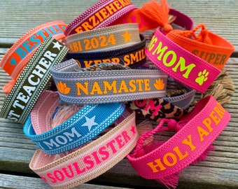 Personalized statement bracelet Ibiza Leo animal print Boho tassels / neon / friendship bracelet JGA party bride / desired text BFF hippie
