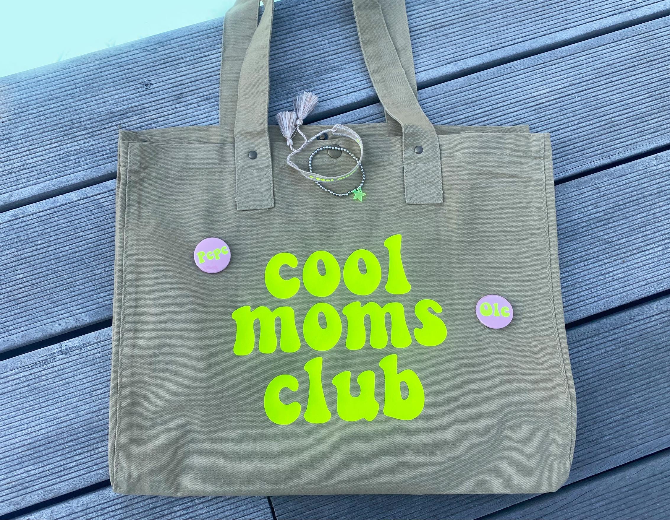 Tote Bag / cool moms club / + buttons with children's names / optional bracelet / star / acrylic pendant / neon / Mother's Day / Mama statement baby party