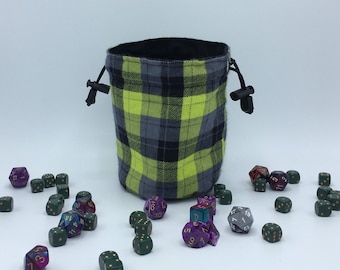 Green and Grey Plaid Dice Bag, Plaid Gaming Bag, Cats D&D Dice Bag, DnD Dice bag, Drawstring Bag, Magic The Gathering Dice Bag,