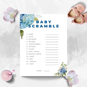 Baby Scramble  baby shower game. Instant download. Hydrangea theme.