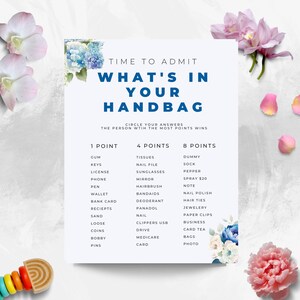 What&#39;s in your handbag baby shower game. Instant download. Hydrangea theme.