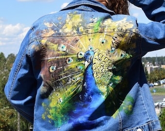 Hand painted jean jacket, custom denim jacket, peacock bird for mothers day gifts,  girlfriend gifts, mom gift