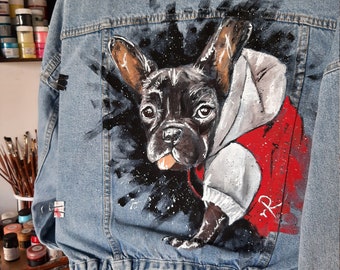 French bulldog portrait, painted jean jacket, custom denim jacket with pet, gift for mom with bulldogs, bulb, christmas gifts for her