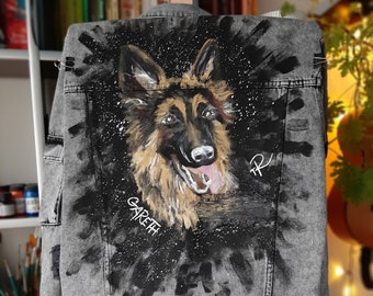 Damska katana jeansowa malowana ręcznie z Twoim psem. Owczarek Niemiecki