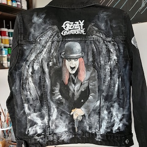Ozzy Osbourne portrait, Black Sabbath fan, heavy metal modern art custom denim jacket, hand painted jean jacket for him, gift for dad