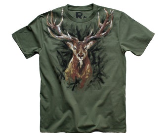 Camiseta de cornamenta de ciervo para hombres, camisa de caza personalizada, regalos pintados a mano para papá, camiseta de cabeza de ciervo, regalo del día del padre, regalos de Navidad para él