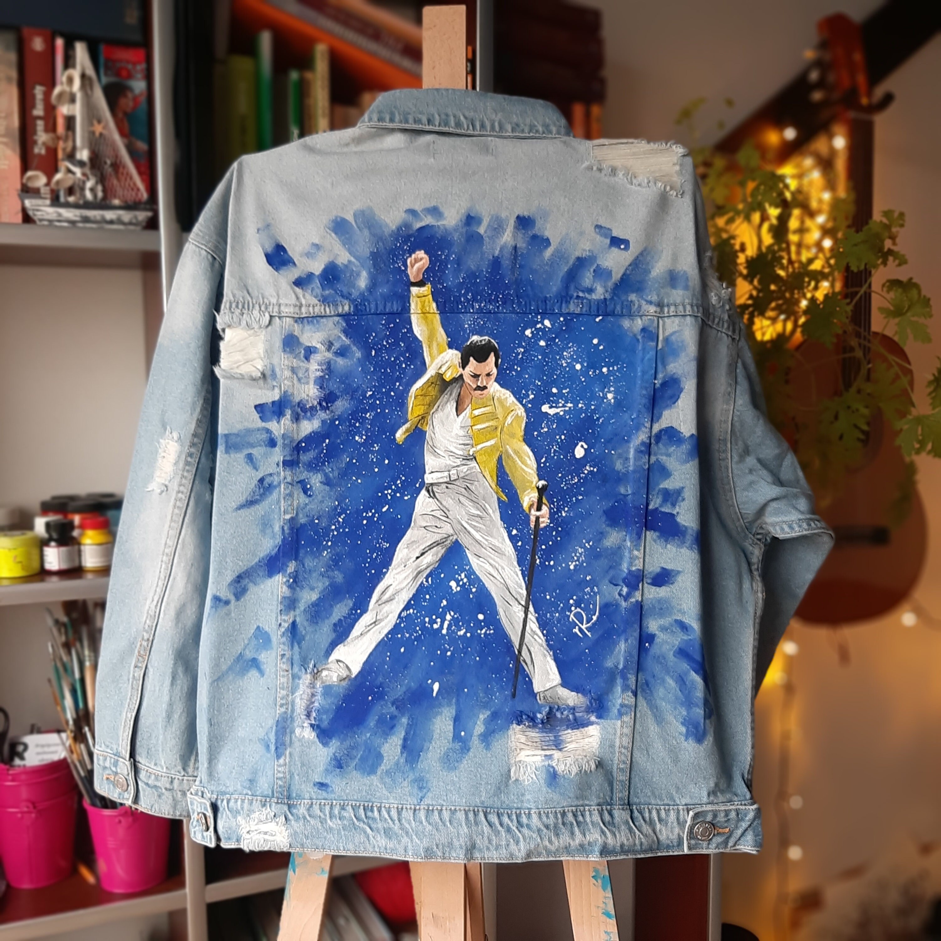 Hand-painted Denim Jacket – Freddie Mercury Portrait – Unique Rock