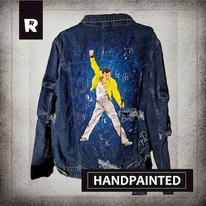 Hand-Painted Denim Jacket – Freddie Mercury Portrait – Unique Rock Fashion – Custom Jean Jacket – Queen Fan Gift