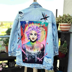 Madonna portrait, jean jacket for her, gift for mom, custom denim jacket with Madonna, pop culture art painting, sound of music
