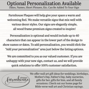 May include: Farmhouse Plaques offers personalized wooden signs for weddings, birthdays, and other special occasions. The text on the image reads "Optional Personalization Available Dates, Names, Short Phrases, Etc. Can Be Added To Your Sign".