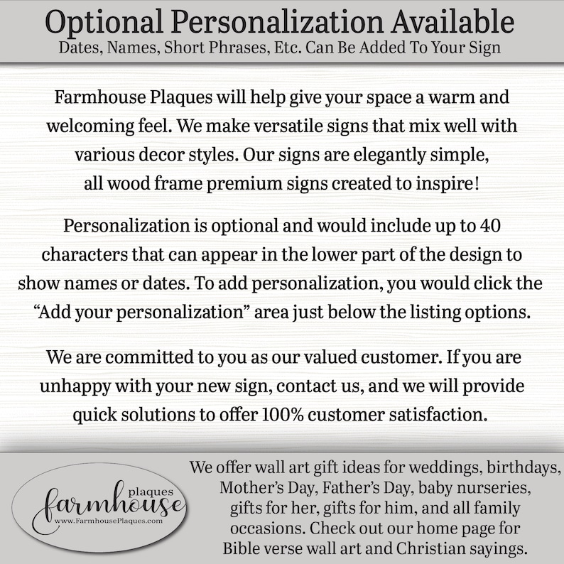 May include: Farmhouse Plaques offers personalized wooden signs for weddings, birthdays, and other special occasions. The text on the image reads "Optional Personalization Available Dates, Names, Short Phrases, Etc. Can Be Added To Your Sign".