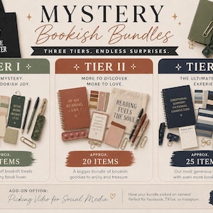 May include: An advertisement for "Mystery Bookish Bundles" with three tiers of book-themed items. Tier 1 includes a notebook, pens, and bookmarks. Tier 2 features a tote bag, journal, and accessories. Tier 3 offers a tote bag, notebook, and more. The price is $14.99.