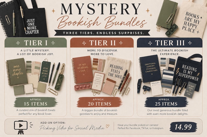 May include: A promotional graphic for Mystery Bookish Bundles featuring three tiers of stationery and accessories. Tier I includes 15 items in olive green, Tier II includes 20 items in terracotta, and Tier III includes 25 items in navy blue.