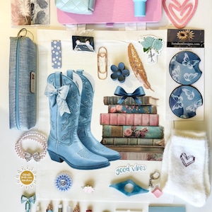 May include: A collection of stationery and accessories including a pink notebook, a light blue mini backpack, a blue pencil case, pens, a stack of books, blue cowboy boots, car coasters with butterflies, a pearl bracelet, and white socks.