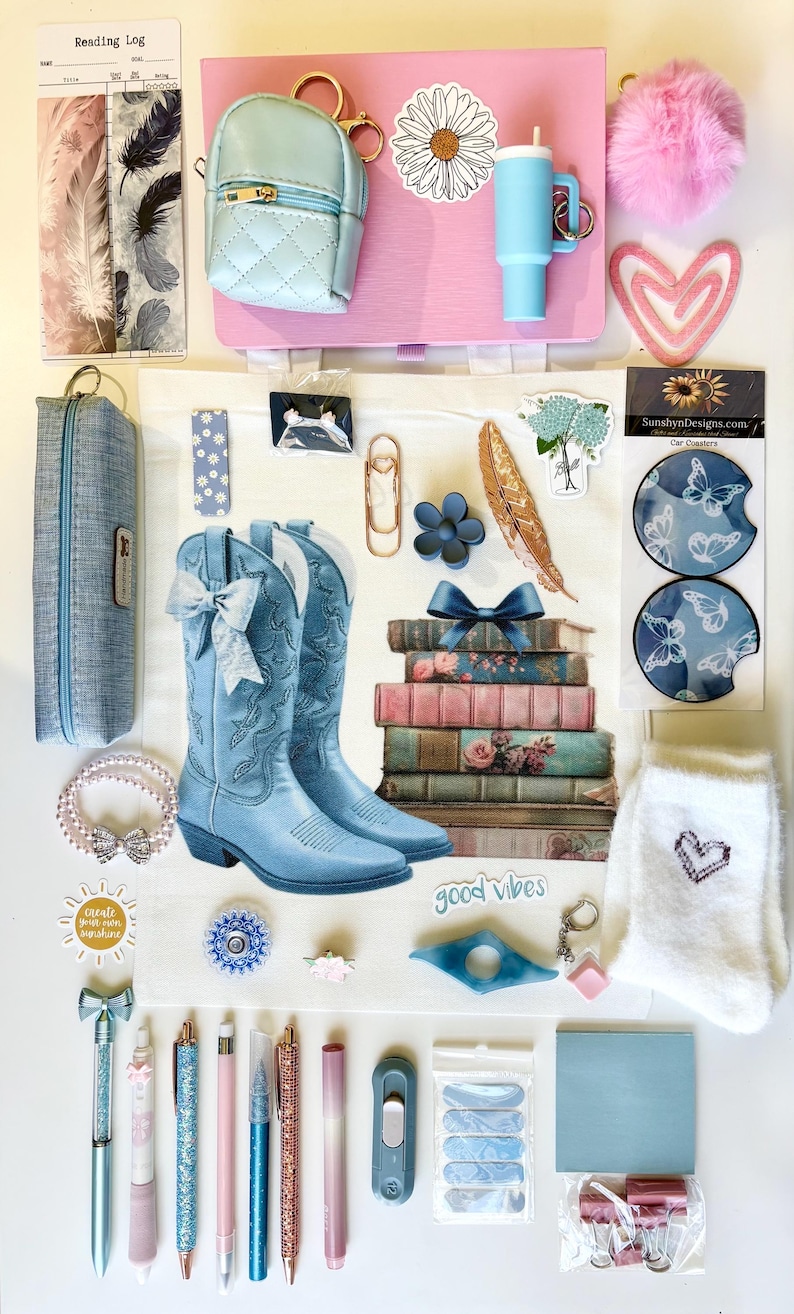 May include: A collection of stationery and accessories including a pink notebook, a light blue mini backpack, a blue pencil case, pens, a stack of books, blue cowboy boots, car coasters with butterflies, a pearl bracelet, and white socks.