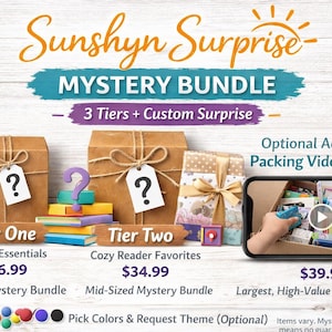 May include: An advertisement for a "Sunshyn Surprise Mystery Bundle" with three tiers of gifts. The image shows three brown gift boxes with question mark tags, books, and a phone displaying a packing video. Text includes "Reader Essentials", "Cozy Reader Favorites", and "Largest, High-Value Bundle".