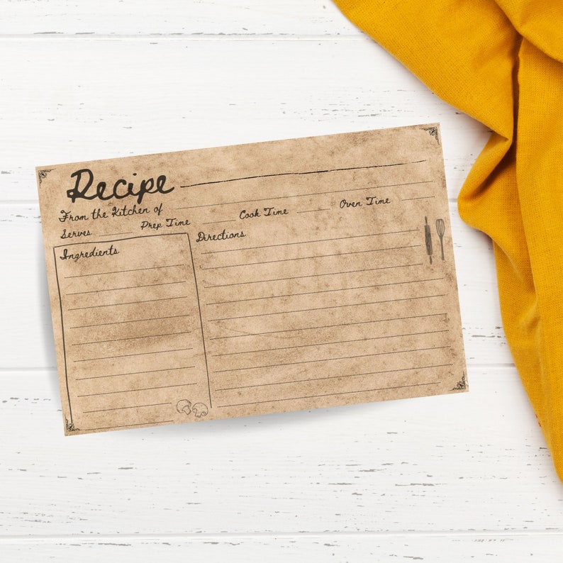 Puede incluir: Una tarjeta de receta de estilo vintage con l&iacute;neas para escribir los ingredientes, las instrucciones, el tiempo de preparaci&oacute;n, el tiempo de cocci&oacute;n y el tiempo del horno. La tarjeta tiene un fondo marr&oacute;n con un aspecto desgastado.