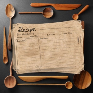Puede incluir: Una tarjeta de receta de estilo vintage con fondo marr&oacute;n y secciones rayadas para escribir los ingredientes, las instrucciones, el tiempo de preparaci&oacute;n, el tiempo de cocci&oacute;n y el tiempo de horno. La tarjeta tiene la palabra "Receta" escrita en cursiva en la parte superior.