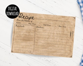 RECIPE CARD TEMPLATE - Vintage Recipe Cards - Vintage Recipe Cards Printable Digital Download Cards - 4x6 cards