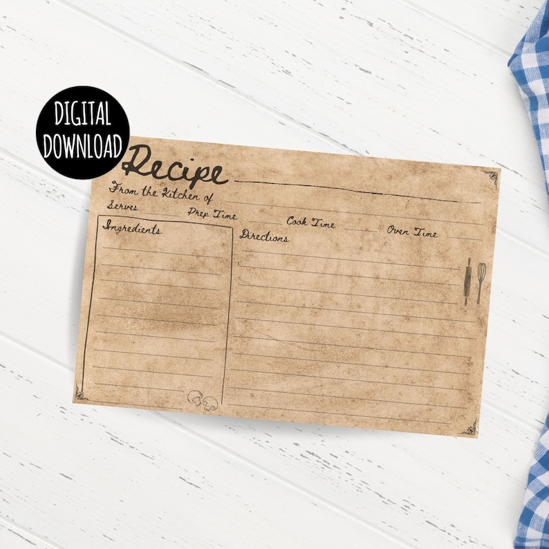 Puede incluir: Una tarjeta de receta imprimible con una est&eacute;tica vintage. La tarjeta tiene secciones para ingredientes, instrucciones, tiempo de preparaci&oacute;n, tiempo de cocci&oacute;n y tiempo de horno. La tarjeta est&aacute; impresa en un fondo de papel marr&oacute;n con un aspecto desgastado.