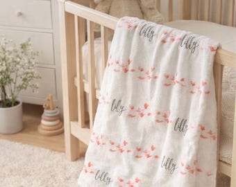 Customizable Name Flower Blanket | Custom Pattern Velveteen Plush Blanket | Pink Hearts, Love Script |