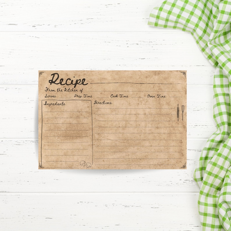 Puede incluir: Una tarjeta de receta de estilo vintage con fondo de papel marr&oacute;n y secciones rayadas para ingredientes, instrucciones, tiempo de preparaci&oacute;n, tiempo de cocci&oacute;n y tiempo de horno. La tarjeta tiene la palabra "Receta" escrita en cursiva en la parte superior.