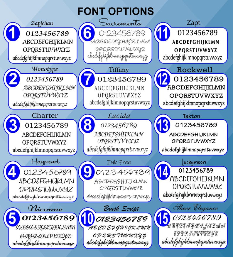 May include: Font options chart featuring 15 different font styles, each with a sample of numbers and the alphabet. The fonts are displayed in numbered boxes against a light blue background. The text "FONT OPTIONS" is at the top.