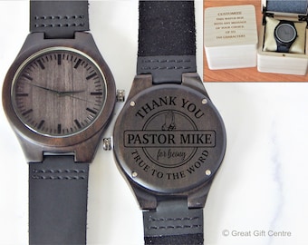 Personalized Pastor Wood Watch: Engraved Minister Gift