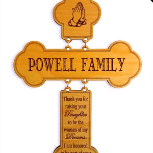 Engraved Gifts for Parents | Personalized Wood Cross | Custom Gift for Family | Father and Mother of the Bride Gift from Groom |   GGFOB2