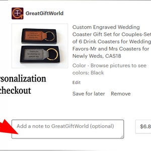 May include: A set of six personalized drink coasters for a wedding. The coasters are made of brown and gray leather and feature a key ring. The text on the coasters reads "Thank you for sharing our special day".
