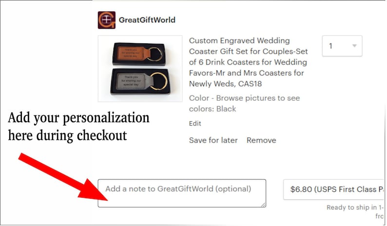 May include: A set of six personalized drink coasters for a wedding. The coasters are made of brown and gray leather and feature a key ring. The text on the coasters reads "Thank you for sharing our special day".