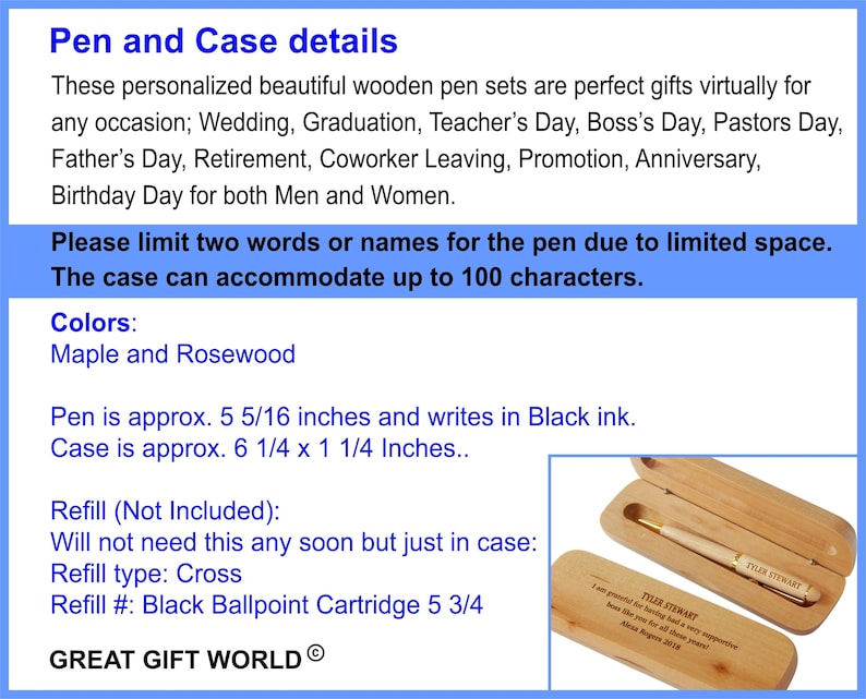 May include: A wooden pen and case set. The pen is approximately 5 5/16 inches long and writes in black ink. The case is approximately 6 1/4 x 1 1/4 inches. The text on the case reads "TYLER STEWART". The text on the case also reads "I am grateful for having had a very supportive boss like you for all these years! Alexa Rogers 2018".