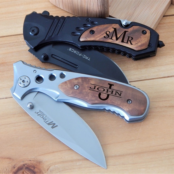 Monogram knife Gift - Custom Engraved Monogrammed Folding Pocket Knives - Wood Gifts
