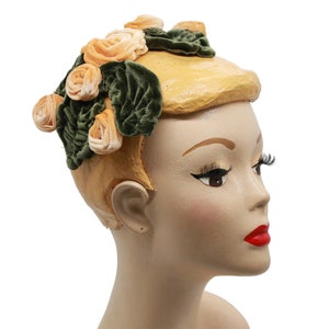 Bandeau Hat, Half Hat in vintage style made of velvet with leaves & yellow roses - elaborate and noble