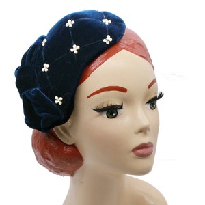 Fascinator Half hat velvet dark blue bow pearls 50th vintage rockabilly retro headpiece bandeau hat