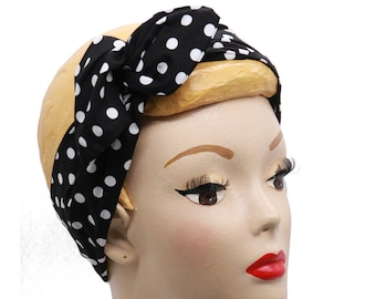 Bandana, bandeau vintage avec fil, style rétro, pois noir et blanc
