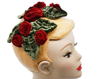Chapeau bandeau, demi-chapeau, bibi, style vintage, velours avec feuilles roses rouges élégantes